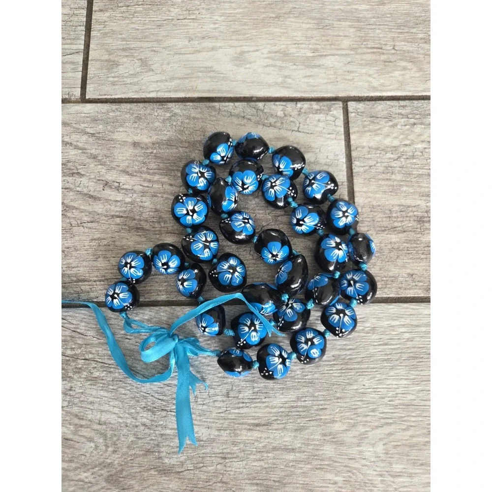 Kukui Nut Lei Hibiscus BLUE Flower Necklace Hawaiian Wedding Luau Graduation